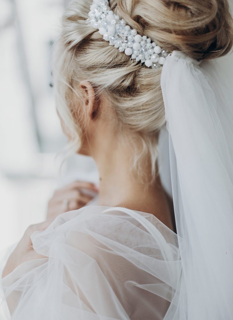 luxury beautiful bride bride hair style with pearl and veil, back view